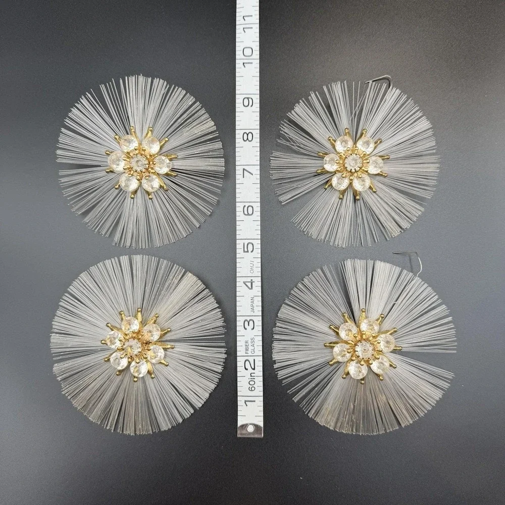 Vtg German Spun Glass Angel Hair Snowflake Christmas Ornaments with Rhinestones
